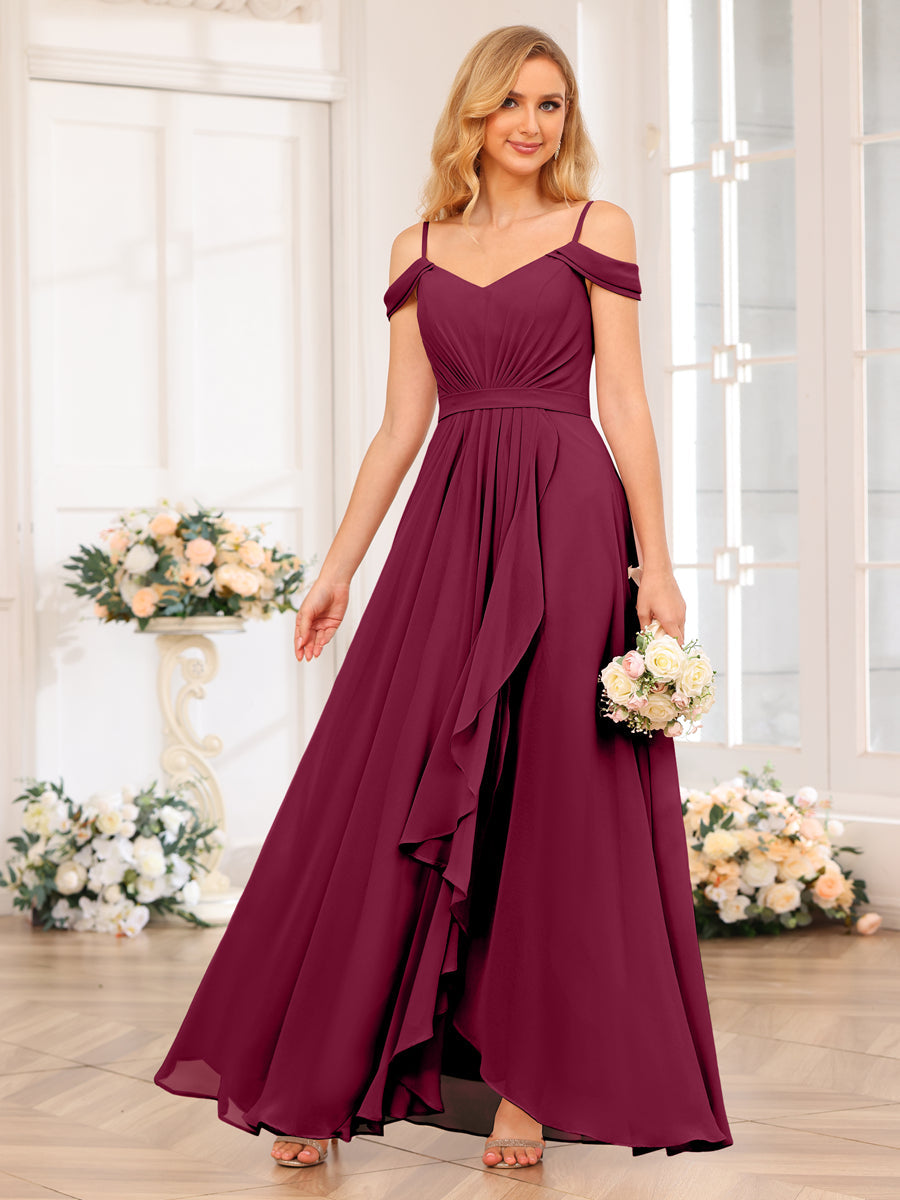 A-Line/Princess Spaghetti Straps Long Wedding Party Dresses with Split Side Light Burgundy