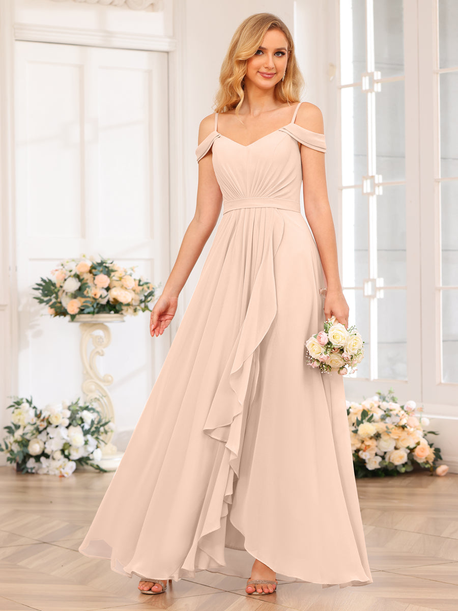 A-Line/Princess Spaghetti Straps Long Wedding Party Dresses with Split Side Light Champagne