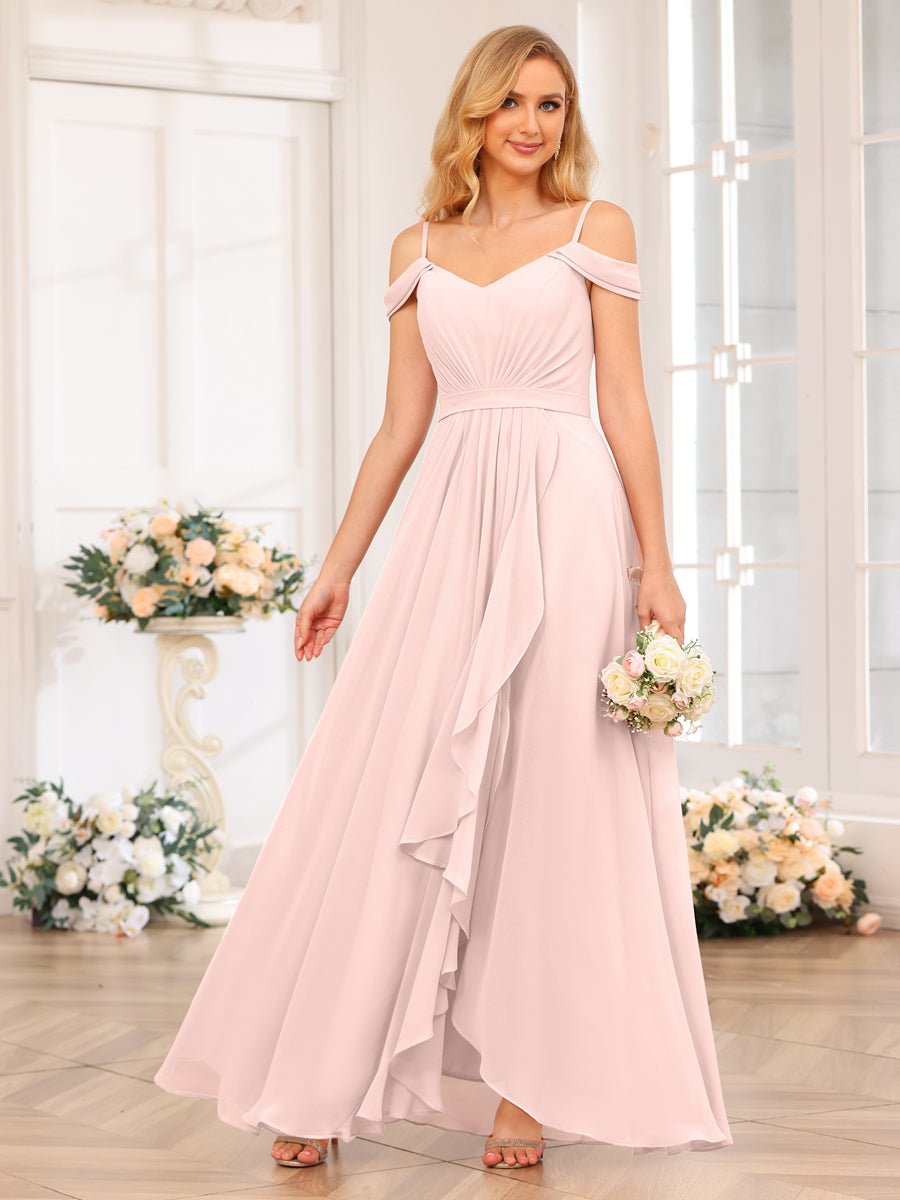 A-Line/Princess Spaghetti Straps Long Wedding Party Dresses with Split Side Light Pink