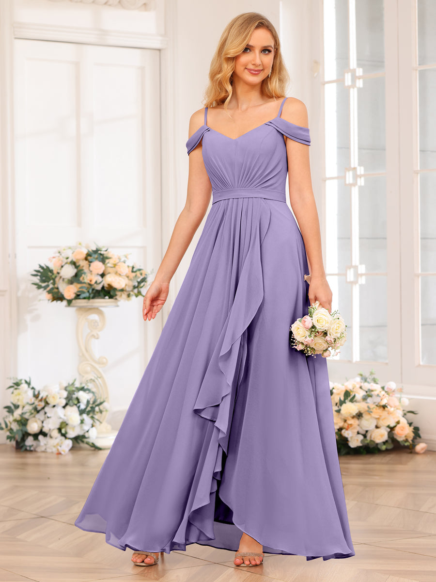 A-Line/Princess Spaghetti Straps Long Wedding Party Dresses with Split Side Light Purple