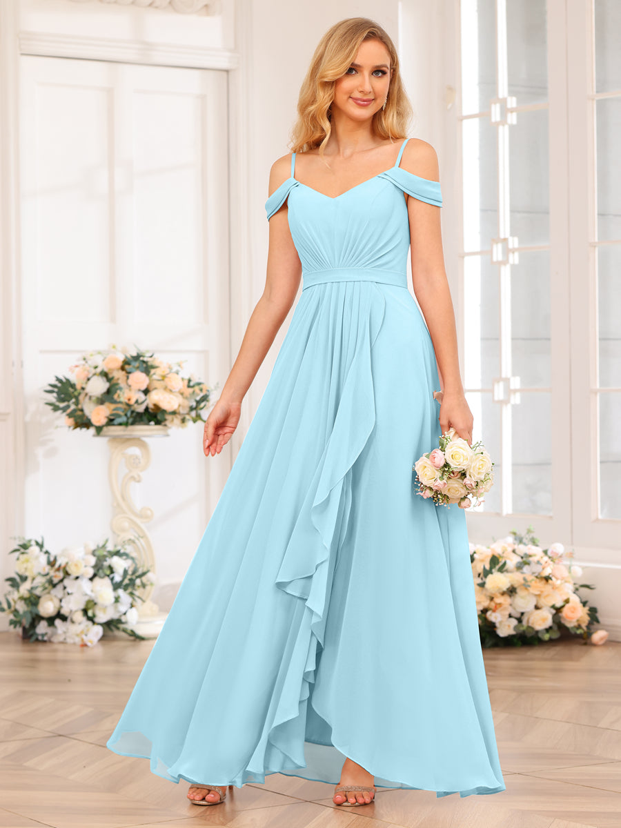 A-Line/Princess Spaghetti Straps Long Wedding Party Dresses with Split Side Light Sky Blue