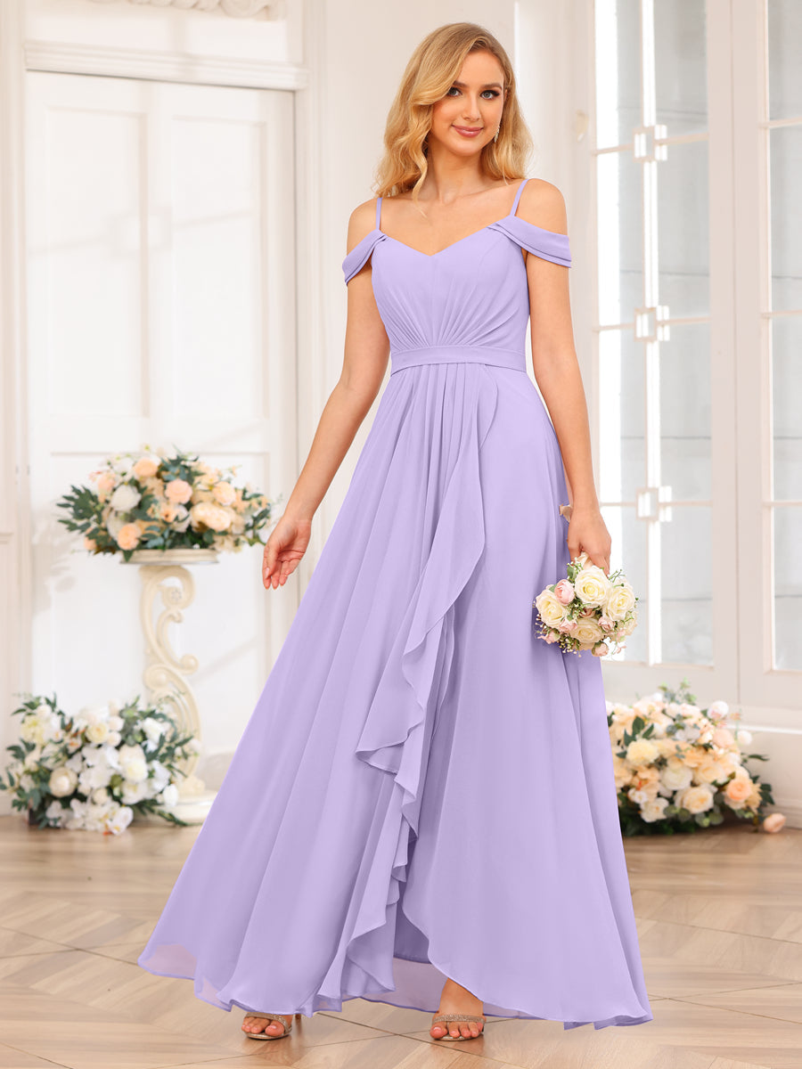 A-Line/Princess Spaghetti Straps Long Wedding Party Dresses with Split Side Lilac