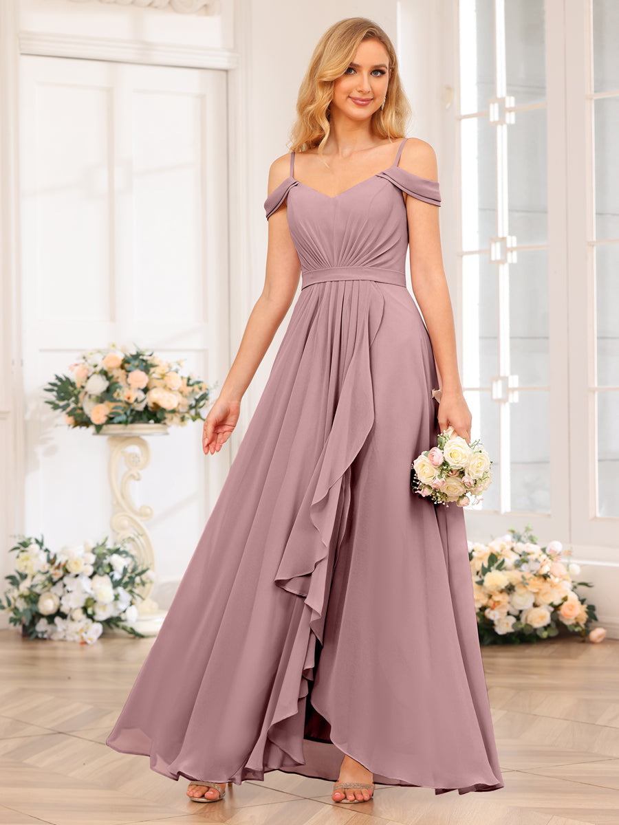 A-Line/Princess Spaghetti Straps Long Wedding Party Dresses with Split Side Mauve