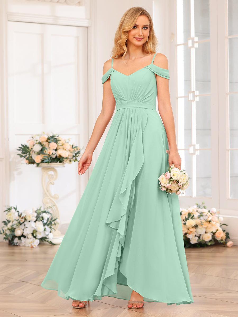 A-Line/Princess Spaghetti Straps Long Wedding Party Dresses with Split Side Mint Green