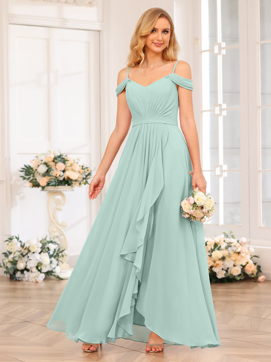 A-Line/Princess Spaghetti Straps Long Wedding Party Dresses with Split Side Mist Blue