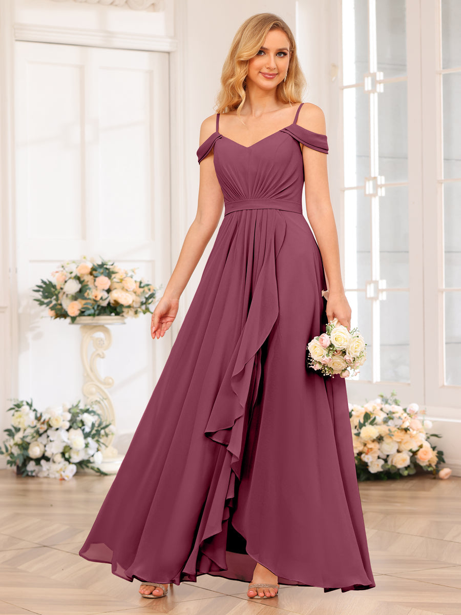 A-Line/Princess Spaghetti Straps Long Wedding Party Dresses with Split Side Mulberry