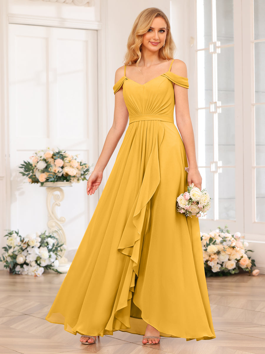 A-Line/Princess Spaghetti Straps Long Wedding Party Dresses with Split Side Mustard Yellow