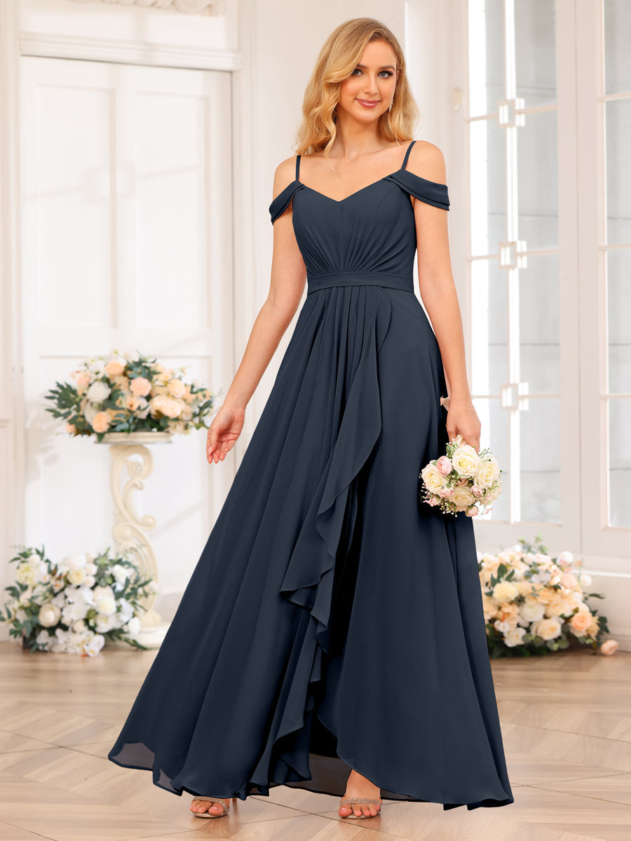A-Line/Princess Spaghetti Straps Long Wedding Party Dresses with Split Side Navy Blue