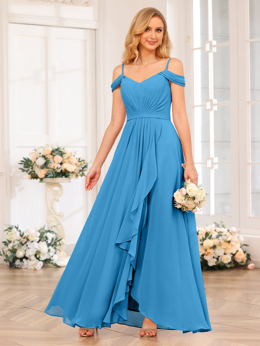 A-Line/Princess Spaghetti Straps Long Wedding Party Dresses with Split Side Ocean Blue