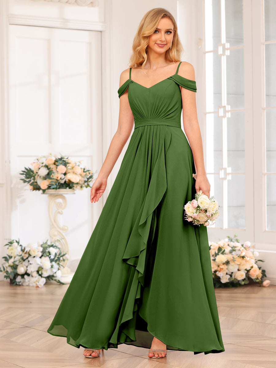 A-Line/Princess Spaghetti Straps Long Wedding Party Dresses with Split Side Olive Green
