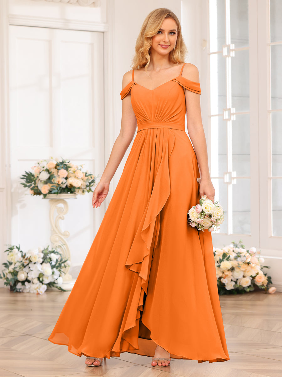 A-Line/Princess Spaghetti Straps Long Wedding Party Dresses with Split Side Orange
