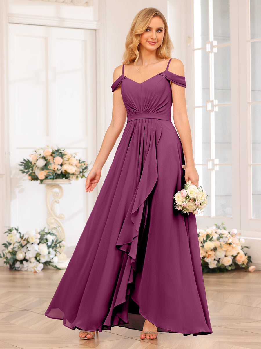 A-Line/Princess Spaghetti Straps Long Wedding Party Dresses with Split Side Orchid