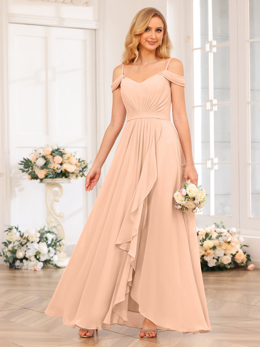 A-Line/Princess Spaghetti Straps Long Wedding Party Dresses with Split Side Peach Pink