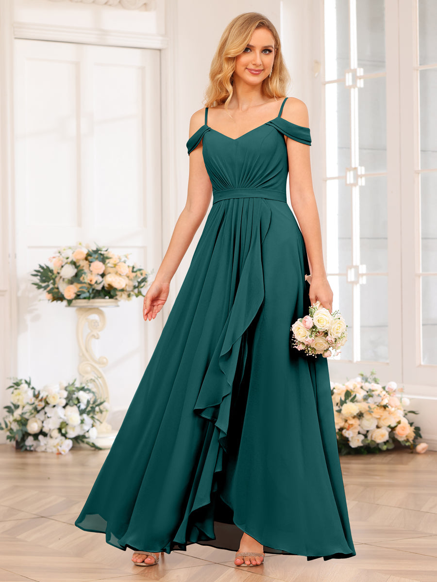 A-Line/Princess Spaghetti Straps Long Wedding Party Dresses with Split Side Peacock