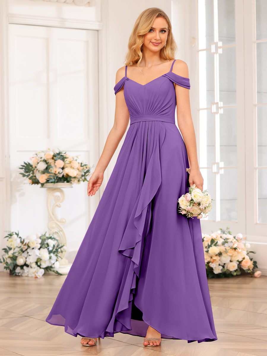 A-Line/Princess Spaghetti Straps Long Wedding Party Dresses with Split Side Purple