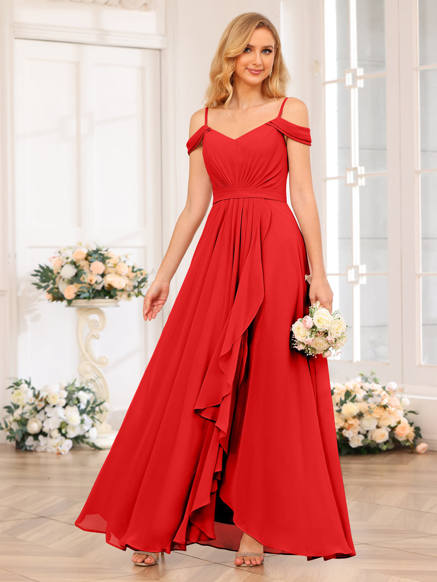 A-Line/Princess Spaghetti Straps Long Wedding Party Dresses with Split Side Red