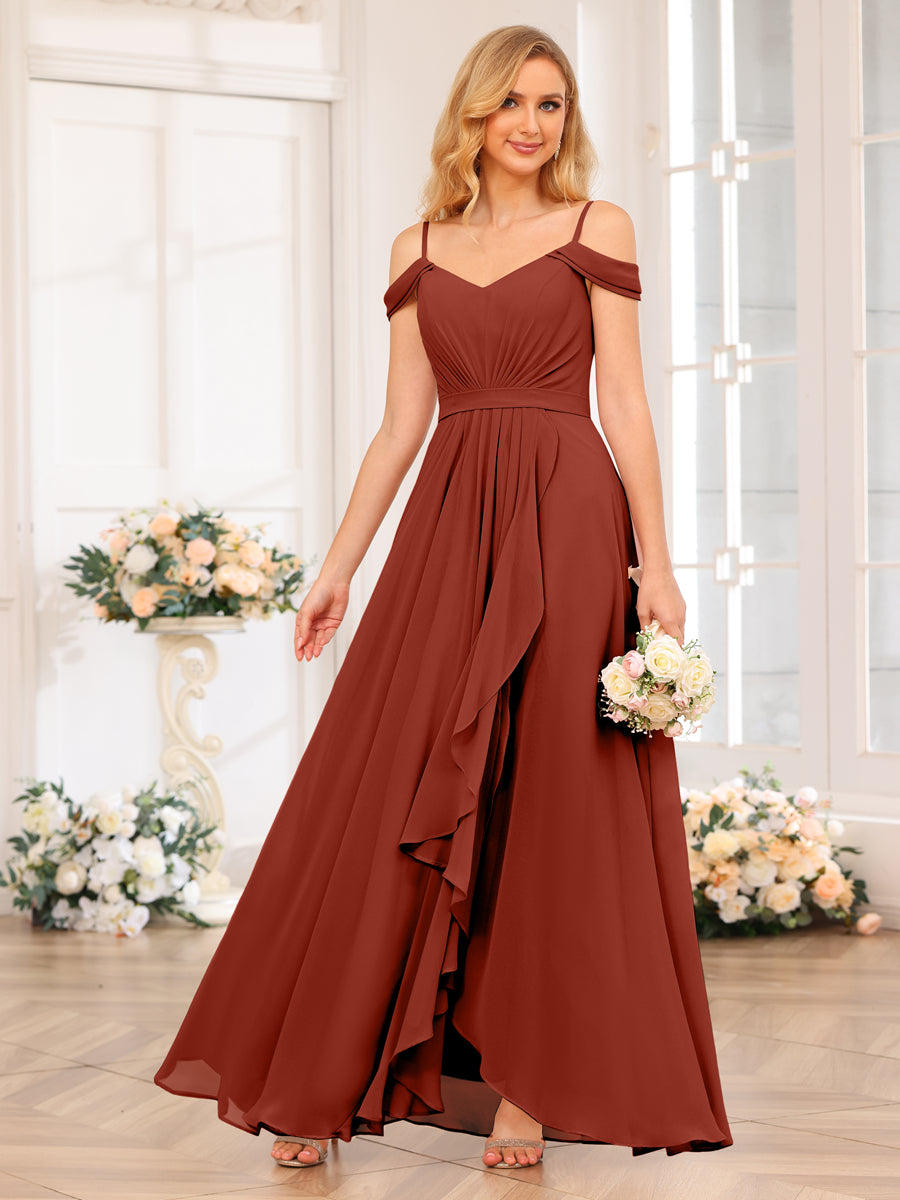 A-Line/Princess Spaghetti Straps Long Wedding Party Dresses with Split Side Rust