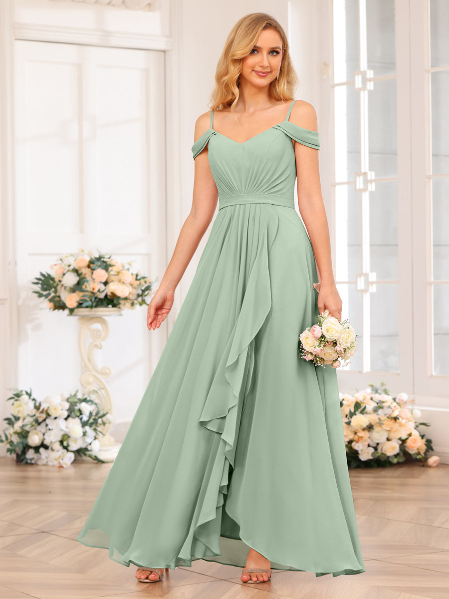 A-Line/Princess Spaghetti Straps Long Wedding Party Dresses with Split Side Sage