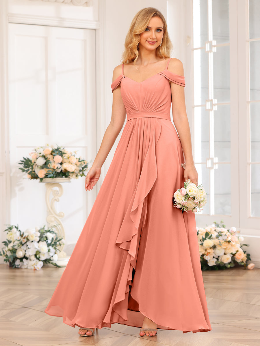 A-Line/Princess Spaghetti Straps Long Wedding Party Dresses with Split Side Salmon
