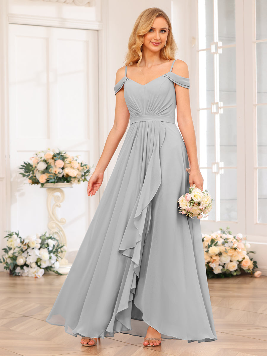 A-Line/Princess Spaghetti Straps Long Wedding Party Dresses with Split Side Silver