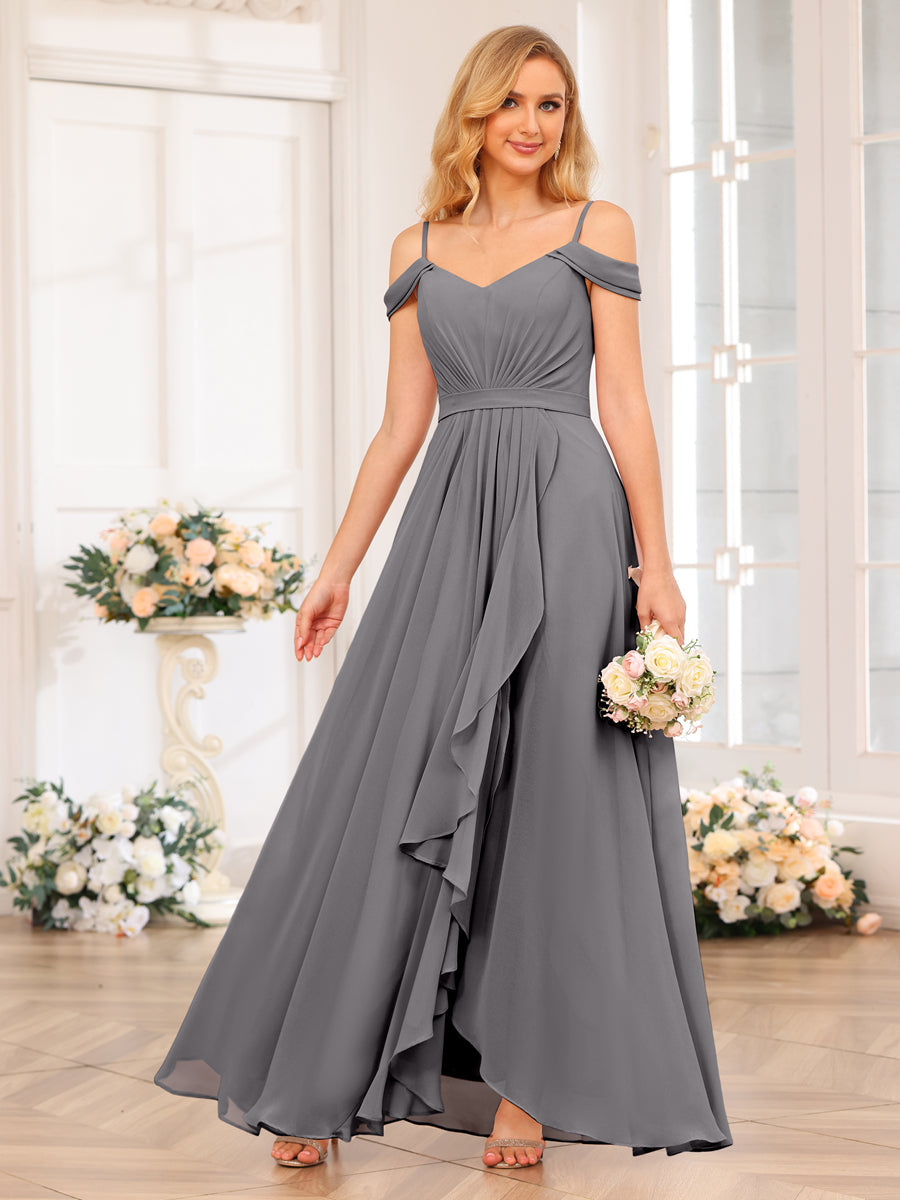 A-Line/Princess Spaghetti Straps Long Wedding Party Dresses with Split Side Silver Gray