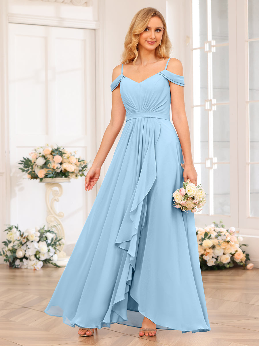 A-Line/Princess Spaghetti Straps Long Wedding Party Dresses with Split Side Sky Blue