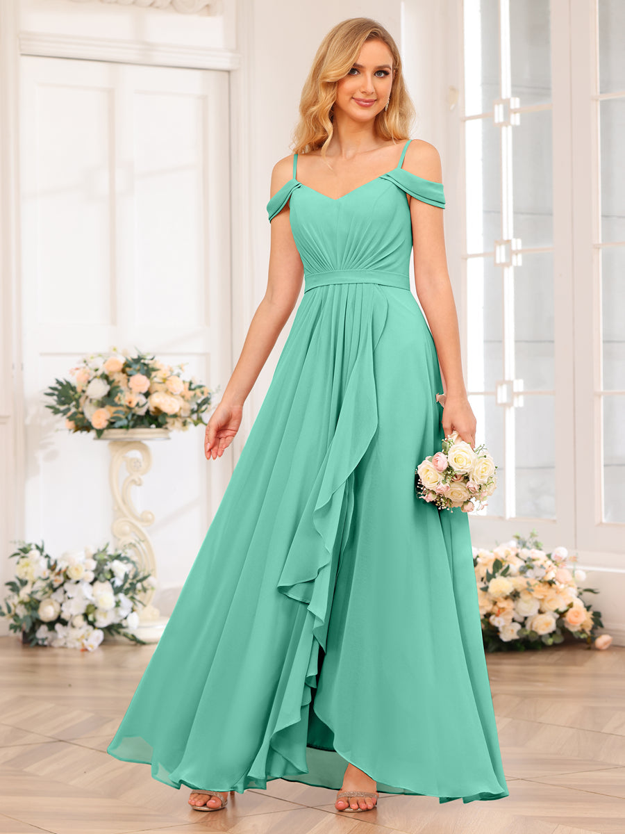 A-Line/Princess Spaghetti Straps Long Wedding Party Dresses with Split Side Spa