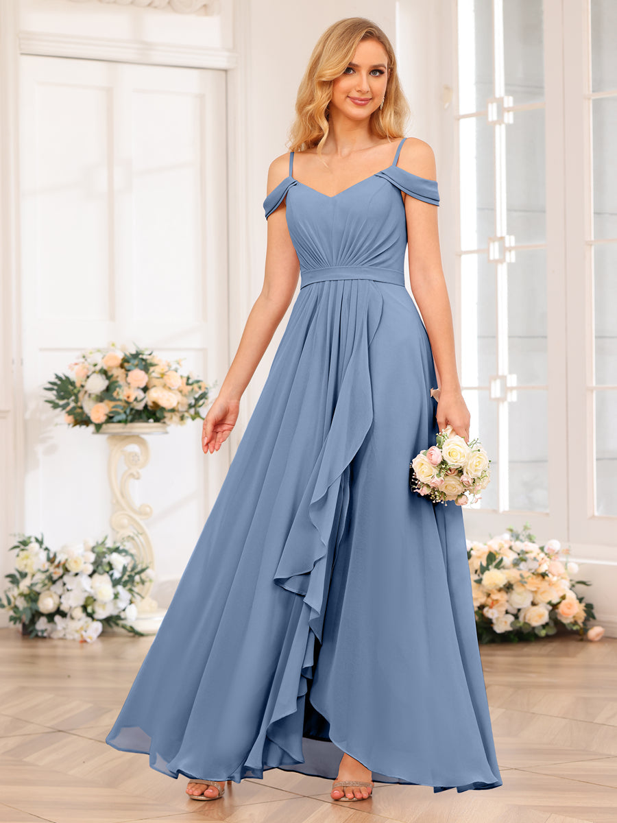 A-Line/Princess Spaghetti Straps Long Wedding Party Dresses with Split Side Steel Blue