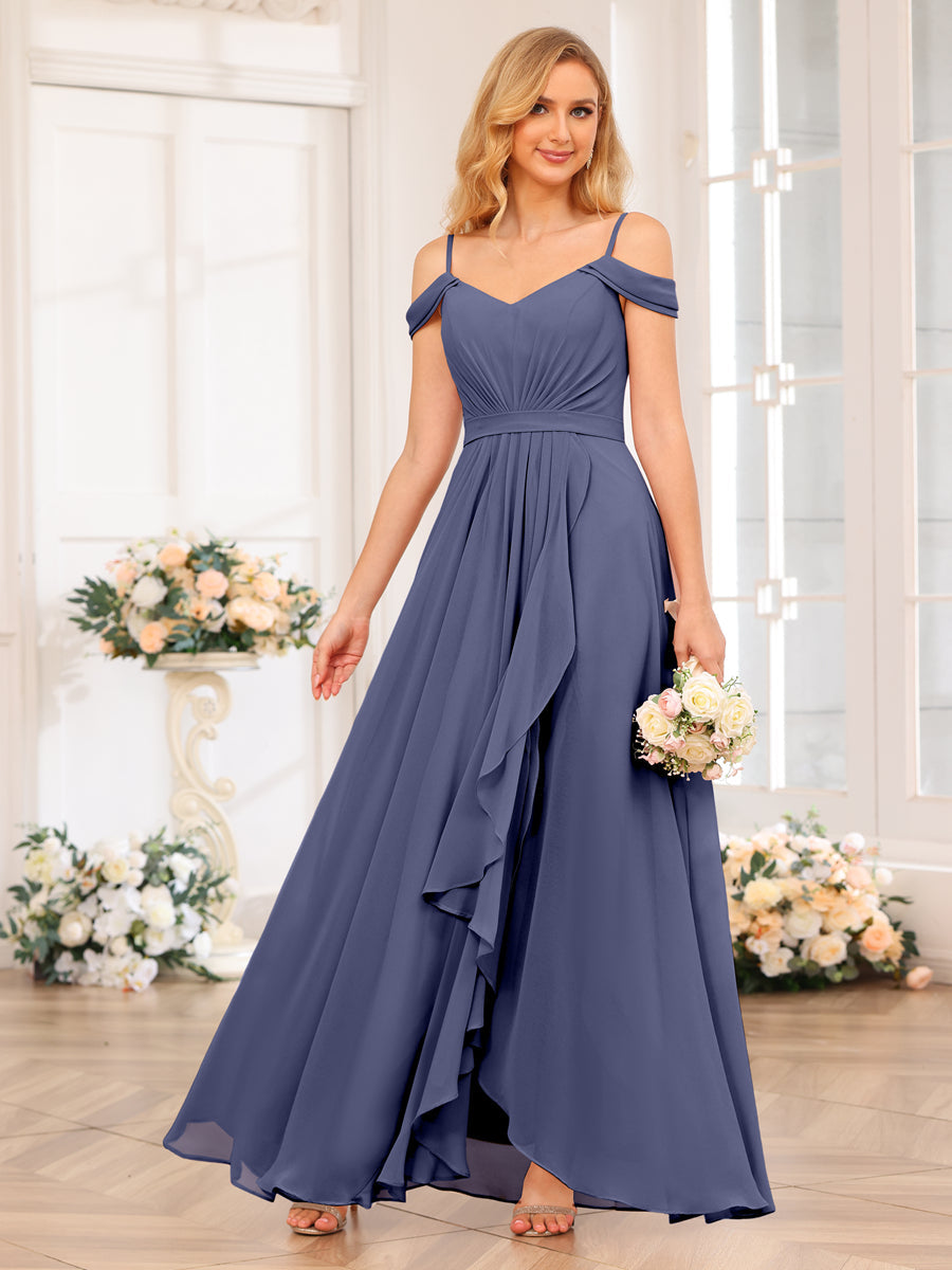 A-Line/Princess Spaghetti Straps Long Wedding Party Dresses with Split Side Stormy Blue