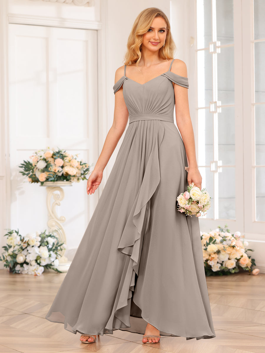 A-Line/Princess Spaghetti Straps Long Wedding Party Dresses with Split Side Taupe