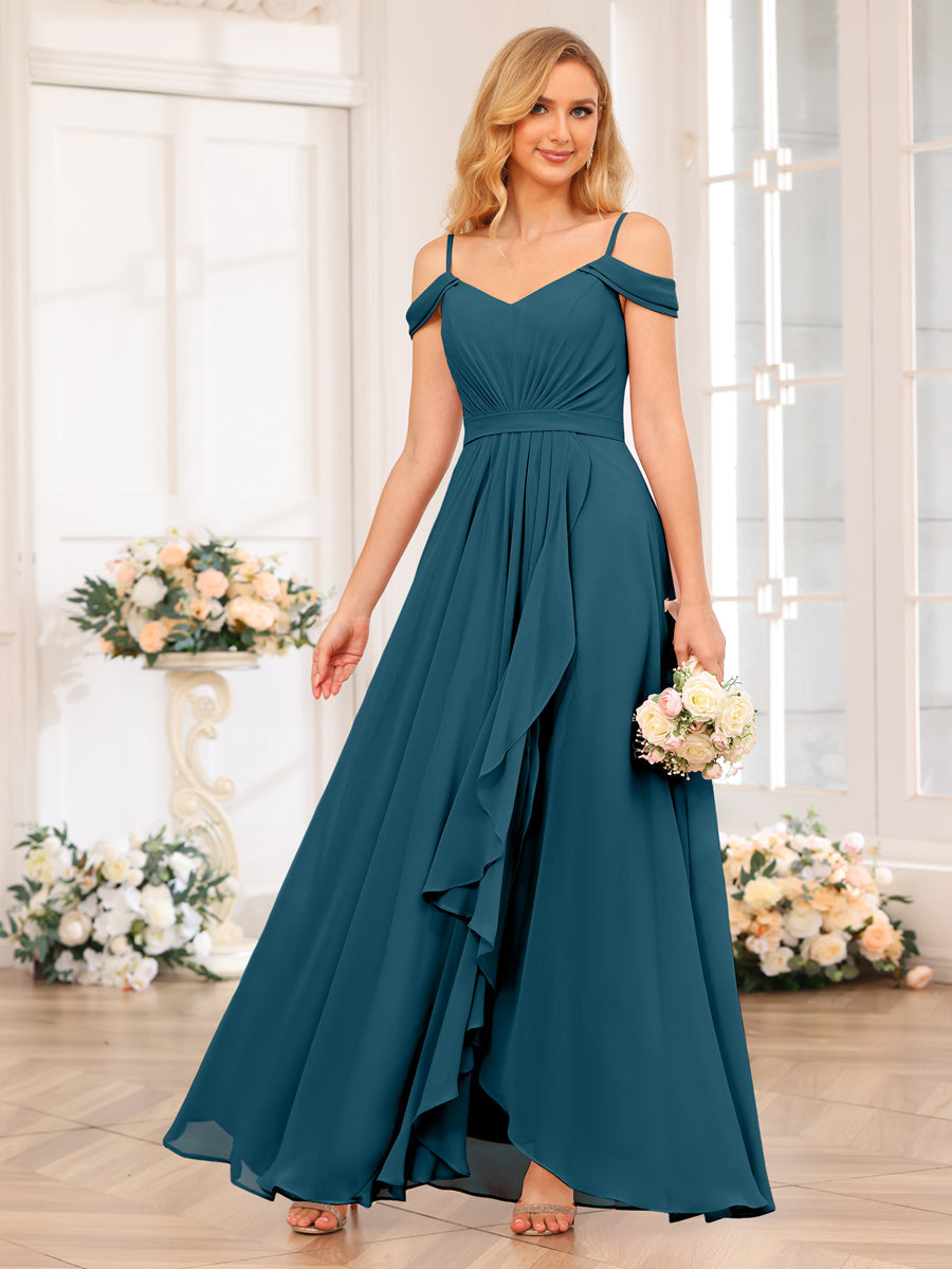 A-Line/Princess Spaghetti Straps Long Wedding Party Dresses with Split Side Teal