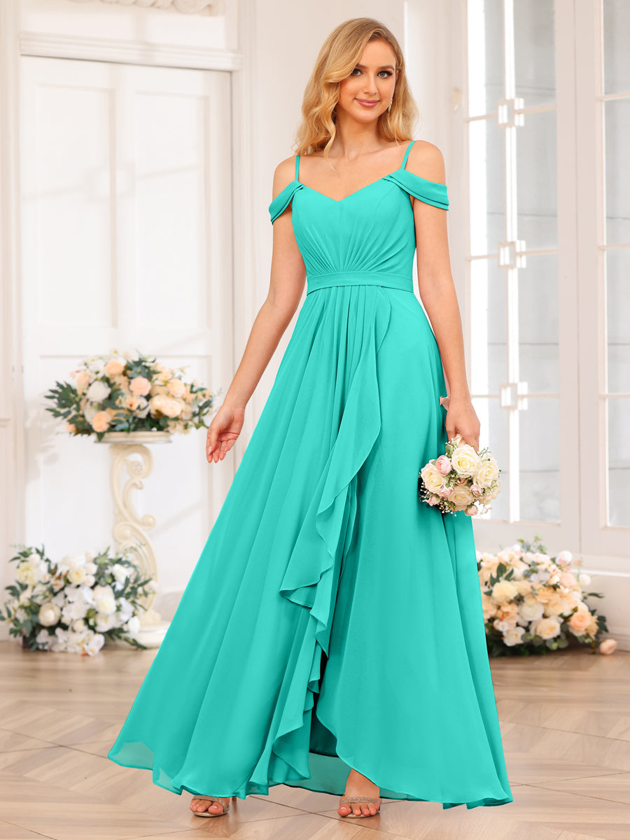 A-Line/Princess Spaghetti Straps Long Wedding Party Dresses with Split Side Turquoise