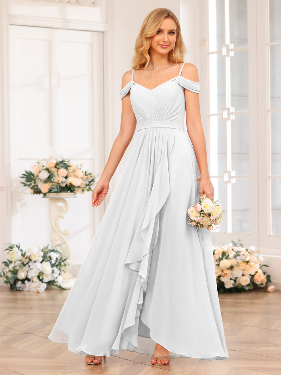 A-Line/Princess Spaghetti Straps Long Wedding Party Dresses with Split Side White