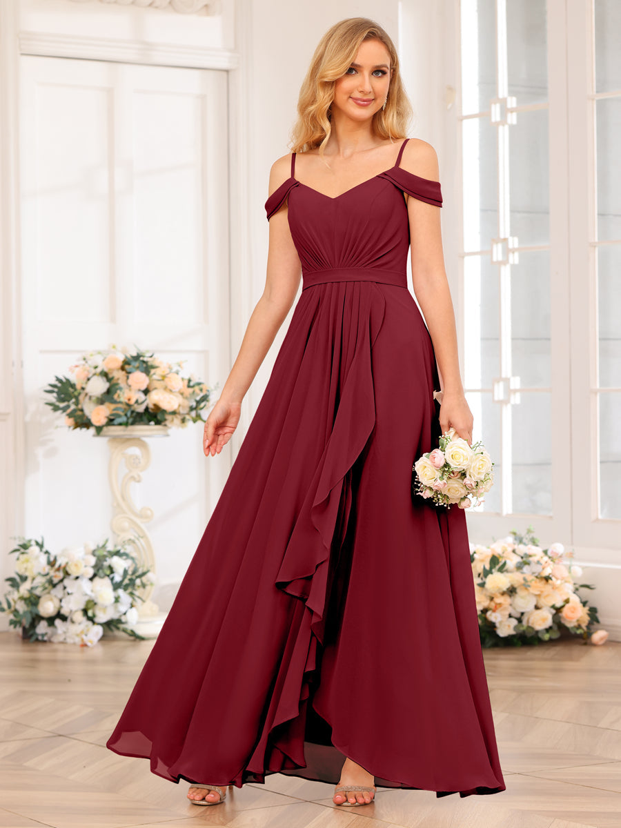 A-Line/Princess Spaghetti Straps Long Wedding Party Dresses with Split Side Wine Red