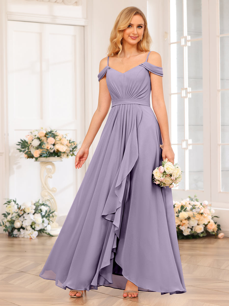 A-Line/Princess Spaghetti Straps Long Wedding Party Dresses with Split Side Wisteria