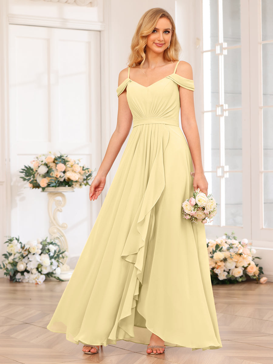 A-Line/Princess Spaghetti Straps Long Wedding Party Dresses with Split Side Yellow