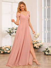 A-Line/Princess Spaghetti Straps Long Wedding Party Dresses with Split Side & Pockets