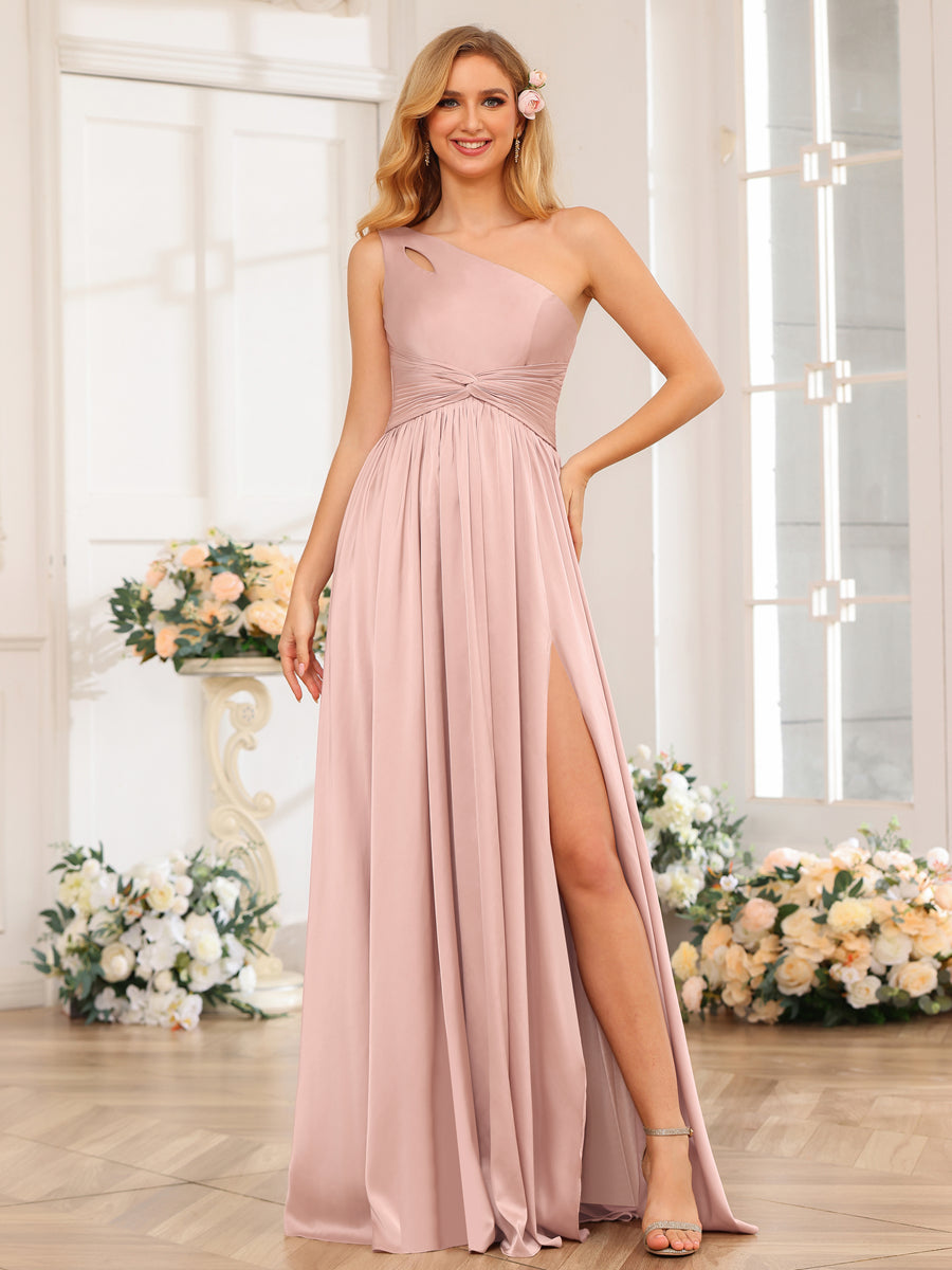 A-Line/Princess One-Shoulder Long Formal Dresses with Split Side Dusty Pink