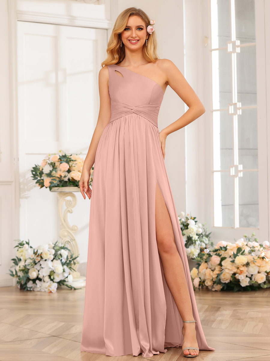 A-Line/Princess One-Shoulder Long Formal Dresses with Split Side Dusty Rose