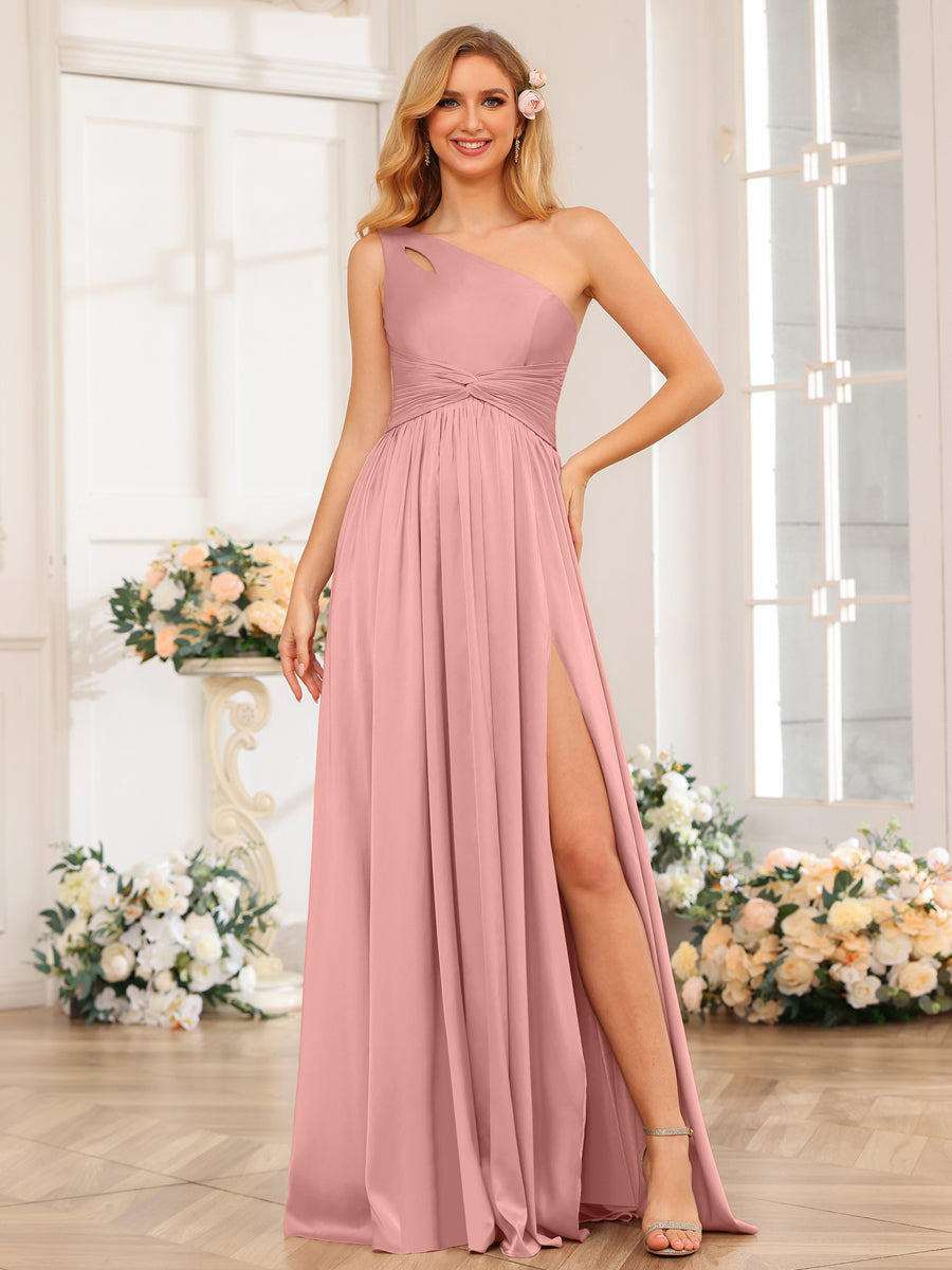 A-Line/Princess One-Shoulder Long Formal Dresses with Split Side Mauve
