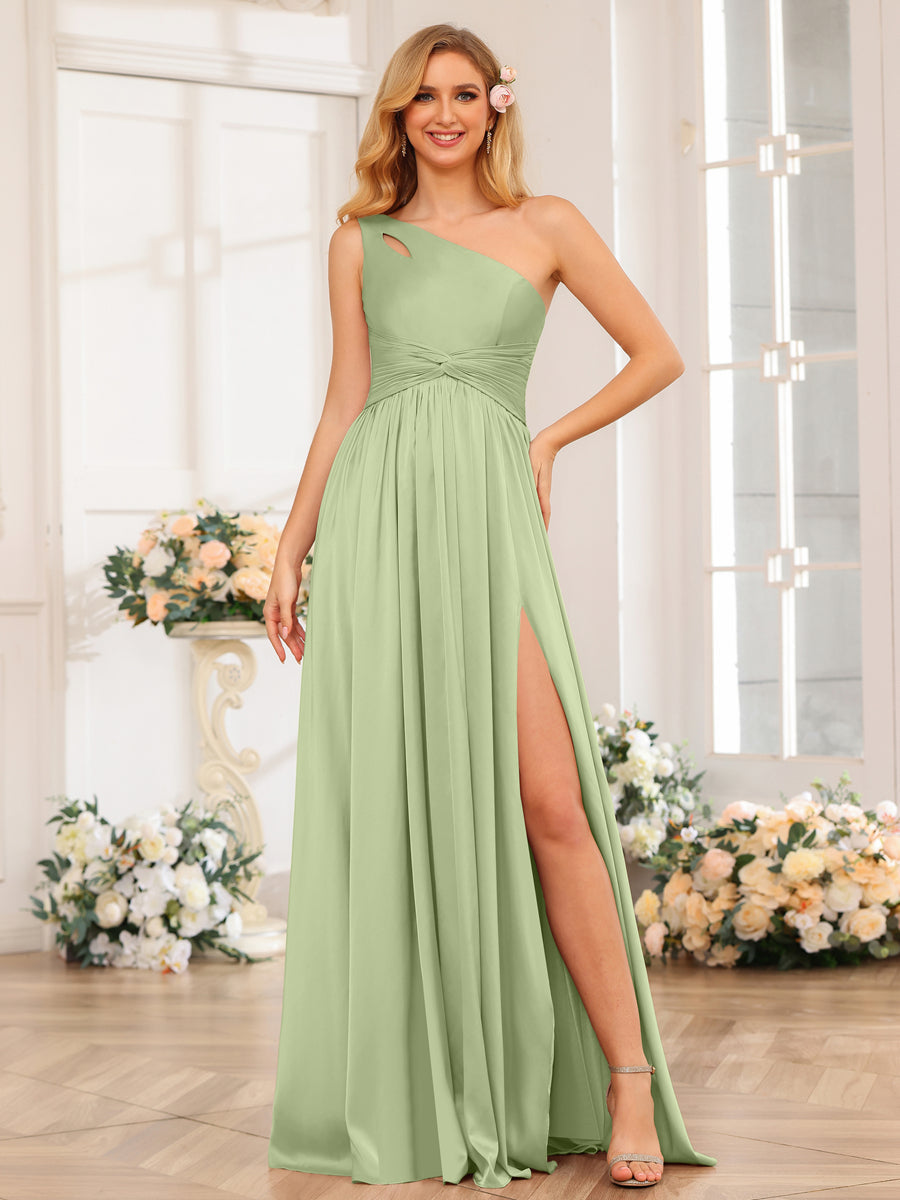 A-Line/Princess One-Shoulder Long Formal Dresses with Split Side Sage