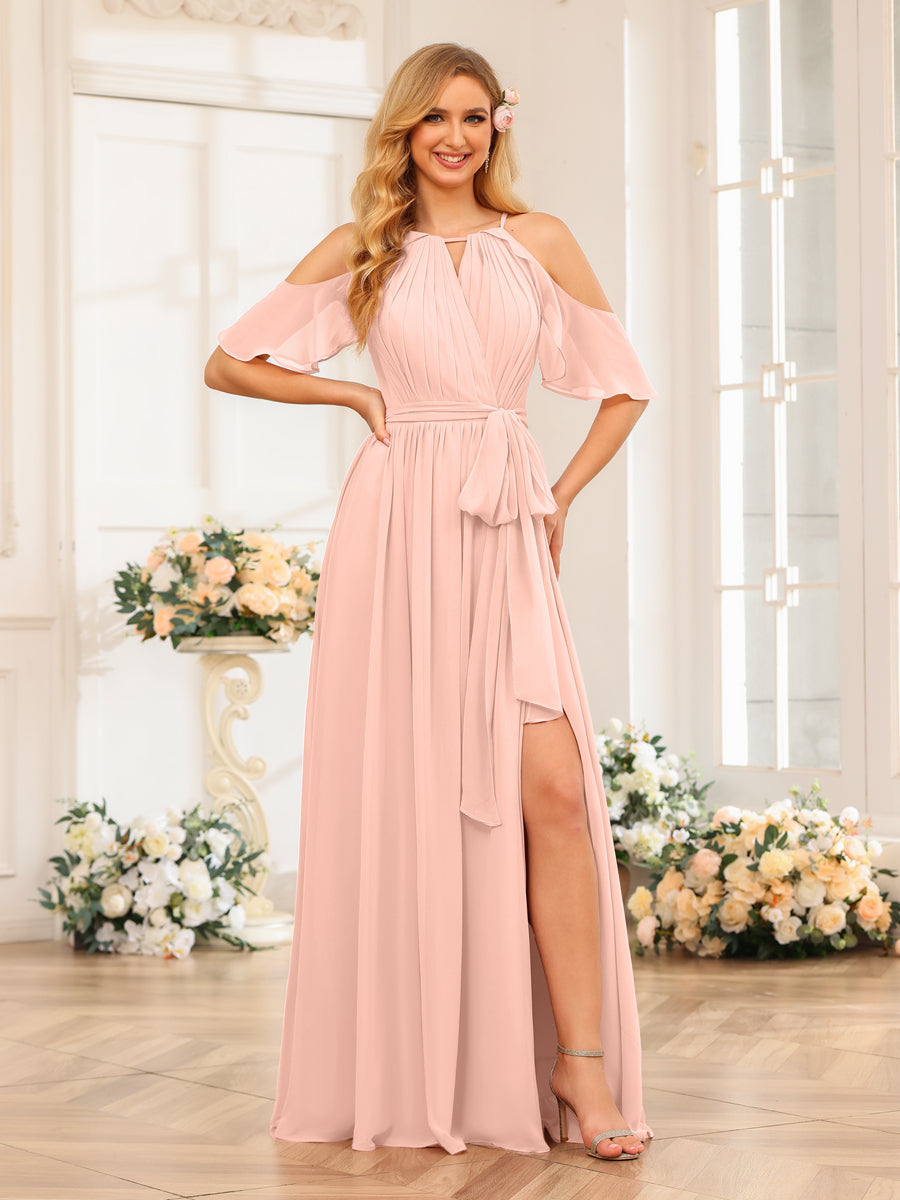 A-Line/Princess Halter Long Wedding Party Dresses with Split Side & Sash Blush Pink