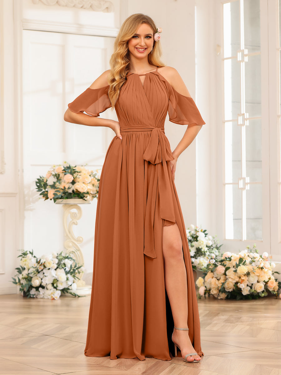 A-Line/Princess Halter Long Wedding Party Dresses with Split Side & Sash Burnt Orange