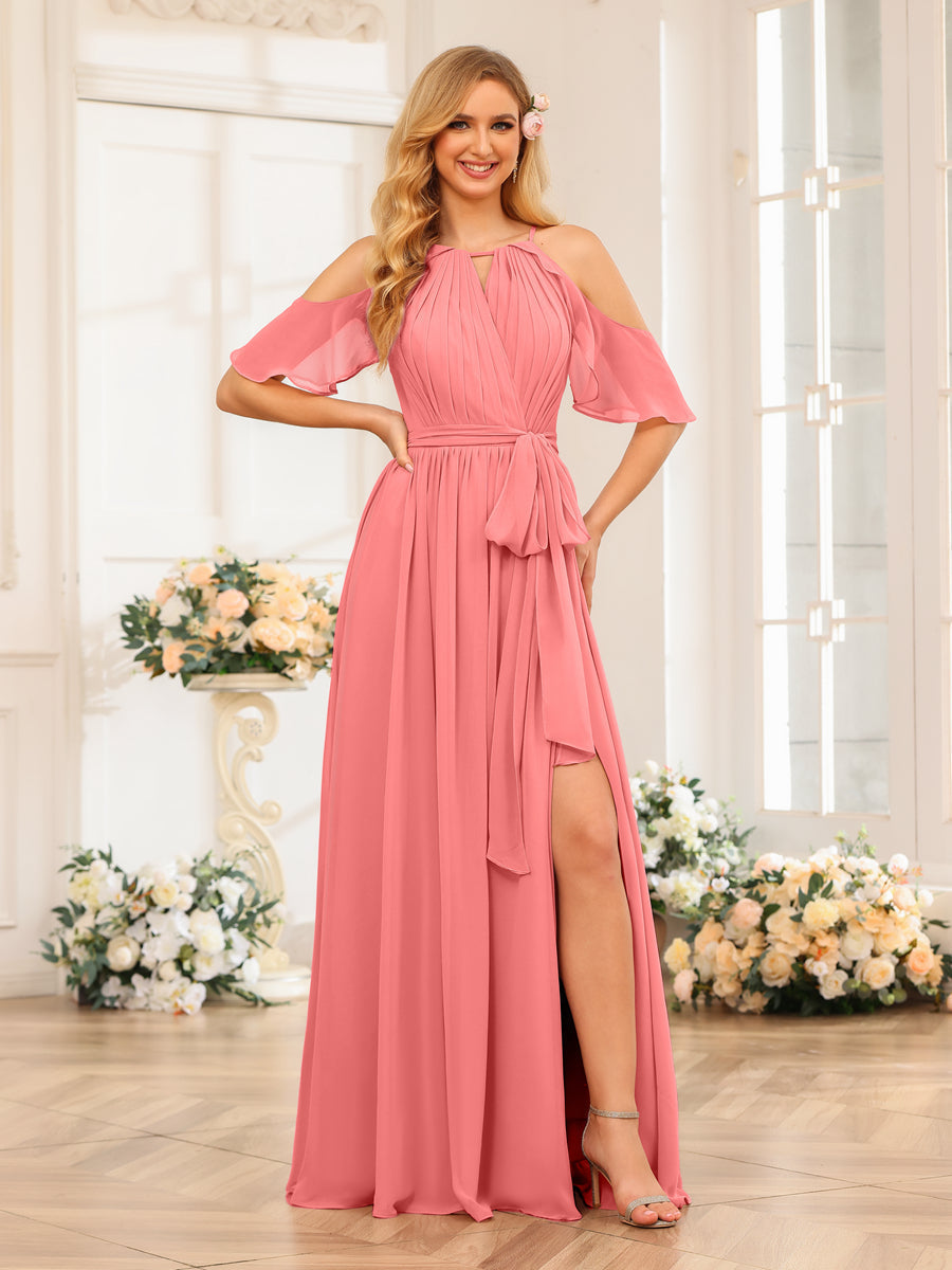 A-Line/Princess Halter Long Wedding Party Dresses with Split Side & Sash Coral