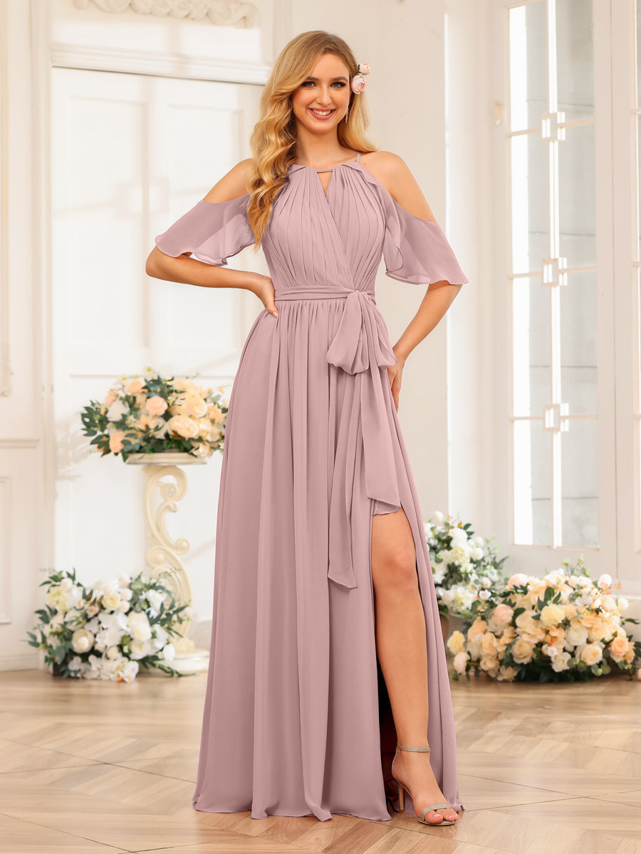 A-Line/Princess Halter Long Wedding Party Dresses with Split Side & Sash Dusty Pink