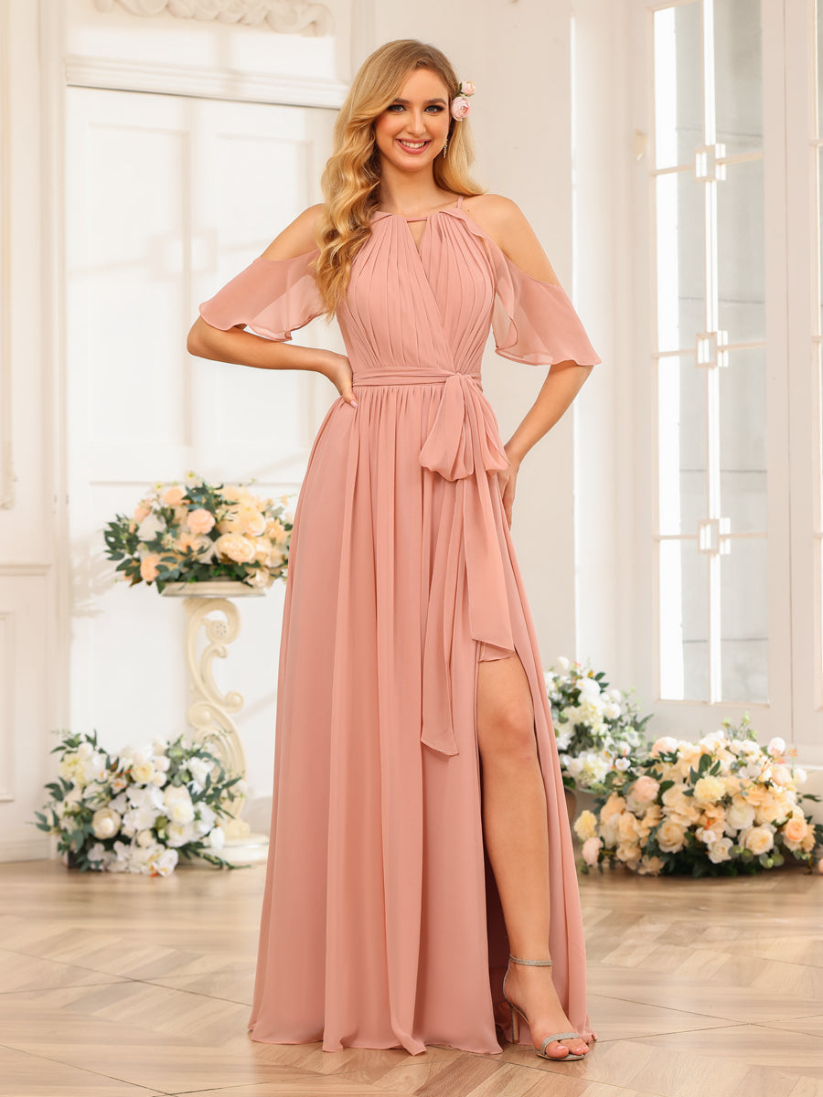 A-Line/Princess Halter Long Wedding Party Dresses with Split Side & Sash Dusty Rose