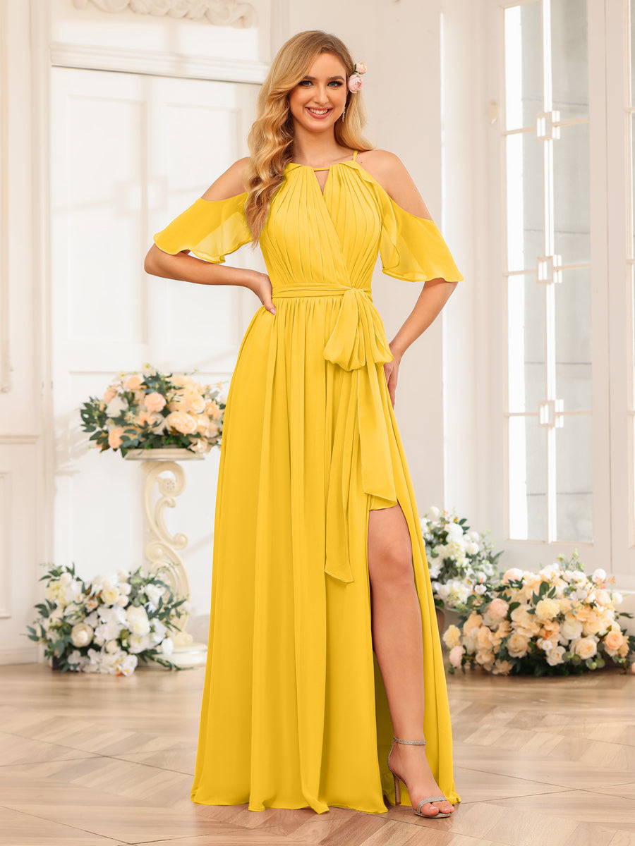 A-Line/Princess Halter Long Wedding Party Dresses with Split Side & Sash Gold