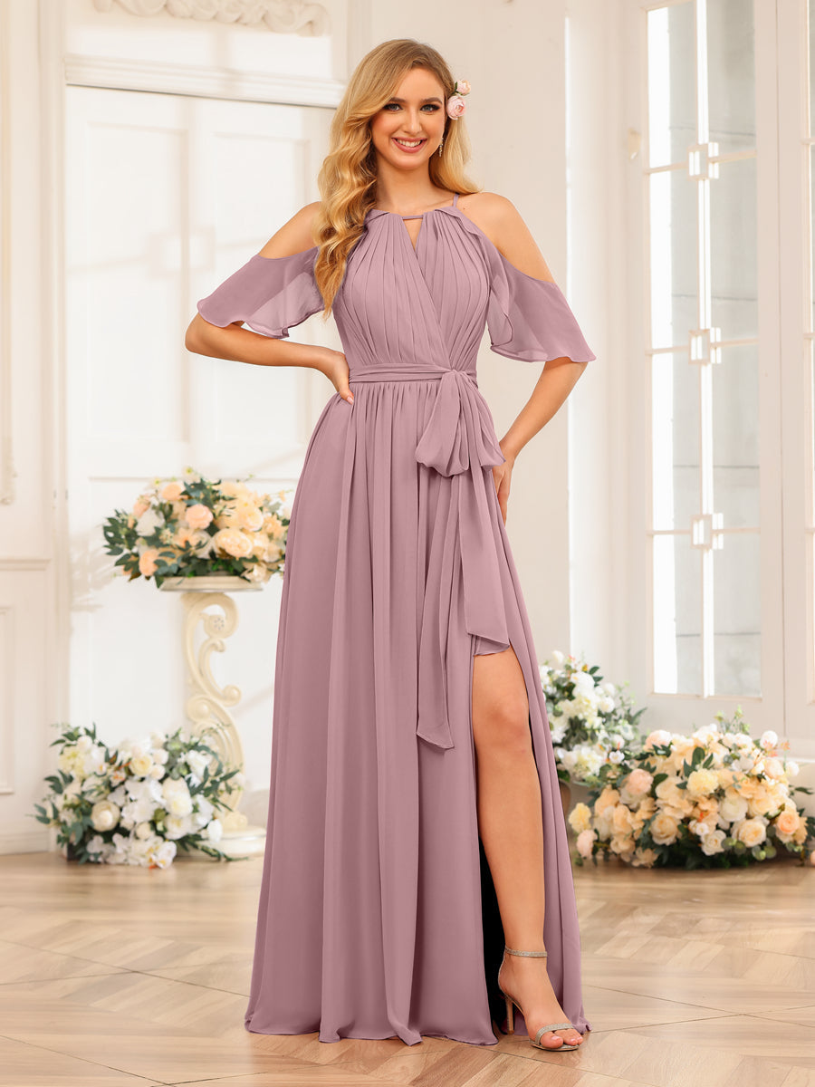 A-Line/Princess Halter Long Wedding Party Dresses with Split Side & Sash Mauve