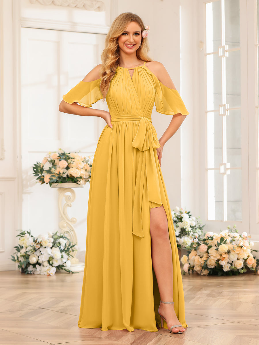 A-Line/Princess Halter Long Wedding Party Dresses with Split Side & Sash Mustard Yellow