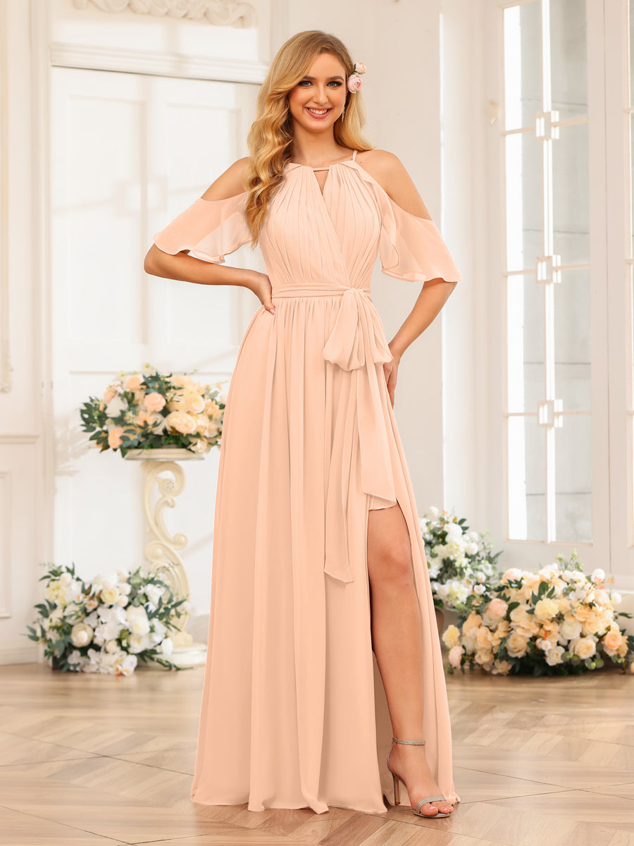 A-Line/Princess Halter Long Wedding Party Dresses with Split Side & Sash Peach Pink